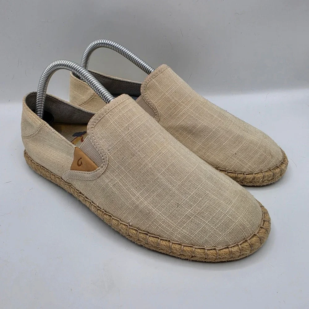 Olukai Kaula Pa'a Kapa Tan Linen Espadrille Slip On Shoes Womens 8.5